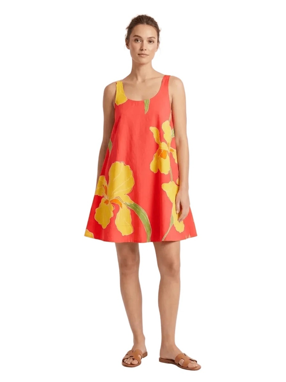 Olivaceous Coral Shift Dress with Yellow Floral Print